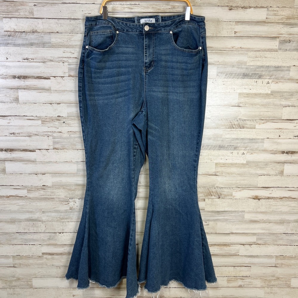 Arula Jeans Women 18 Blue Denim Raw Hem High Rise Dramatic Flare Statement Piece